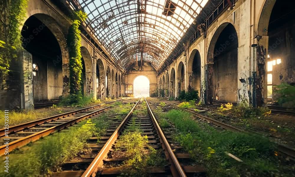 Abandoned train station with overgrown tracks and sunlight.