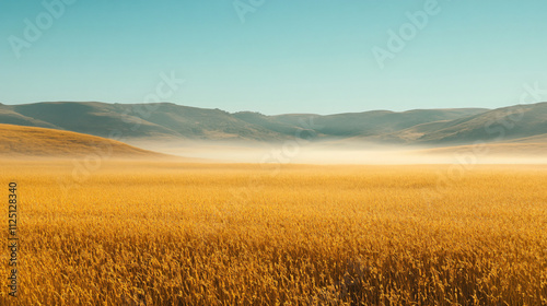 Golden fields with layers of fog creating a dreamy atmosphere.