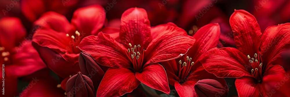 A close-up of striking red blooms showcases nature's delicate beauty and intricate details. A close-up of striking red blooms showcases nature's delicate beauty and intricate details.