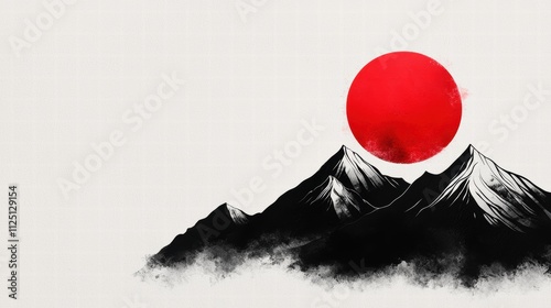 Traditional Japanese landscape with mountains and red sun photo