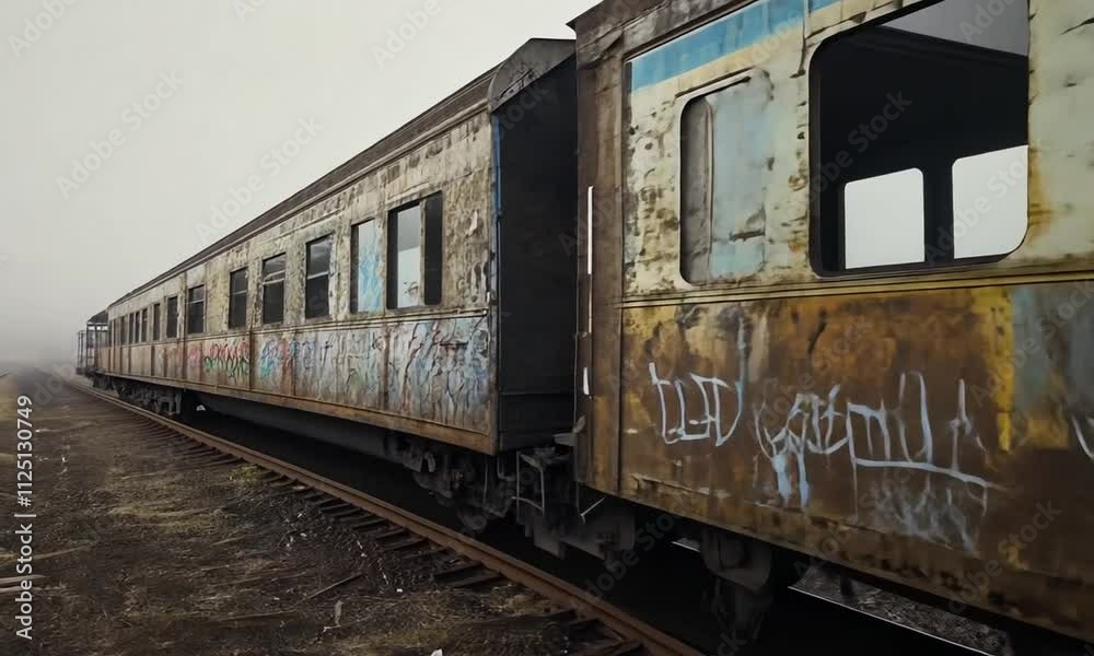 Foggy landscape featuring an abandoned train car beside railway tracks.