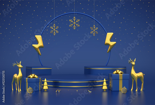 Christmas sale banner. Blue Stage podium with gold lightning bolt, snowflakes. Reindeers, gift boxes with golden bows, metallic fir trees. New Year Discount shopping. Flash sale. Vector illustration.