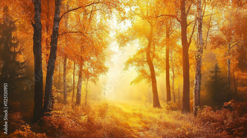 Golden forests stretching to the horizon under a warm autumn sun.