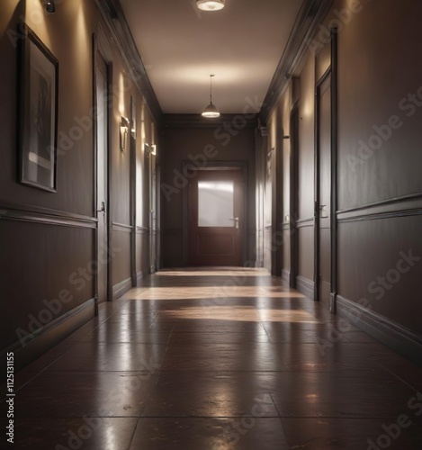 The somber ambiance of a long hallway gradually yields to the warmth and comfort of a soft illumination at its far end  long corridor  long corridor