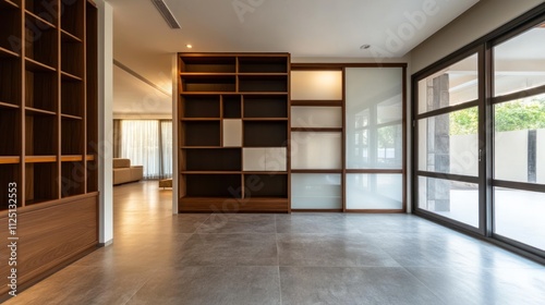 Modern empty room with built-in bookcase and large windows.