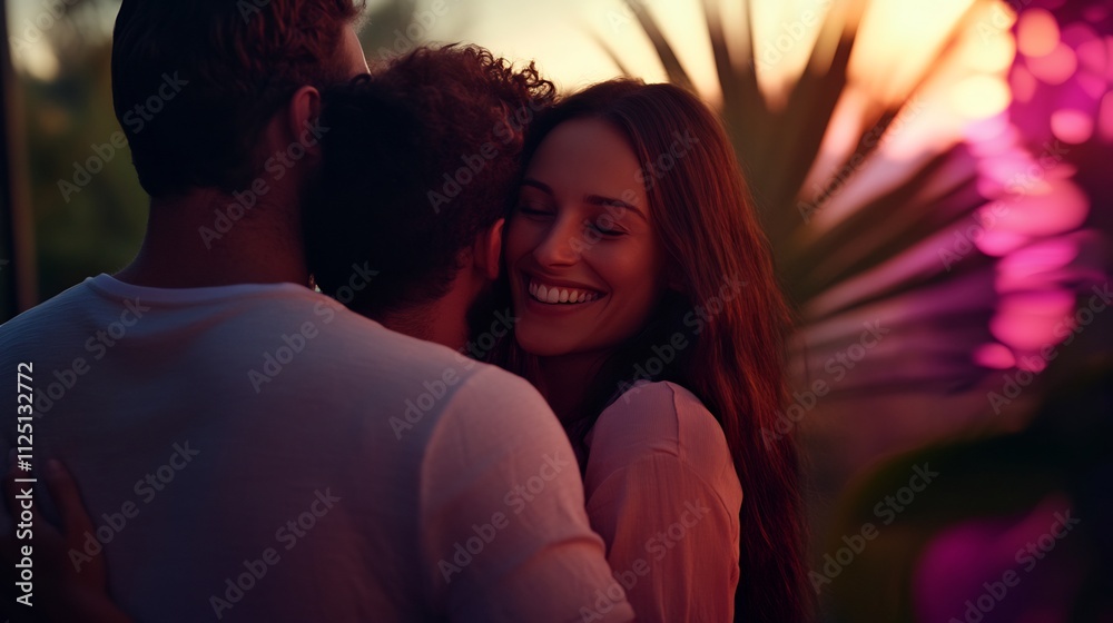 Romantic couple embracing warmly at sunset. Romantic couple embracing warmly at sunset.