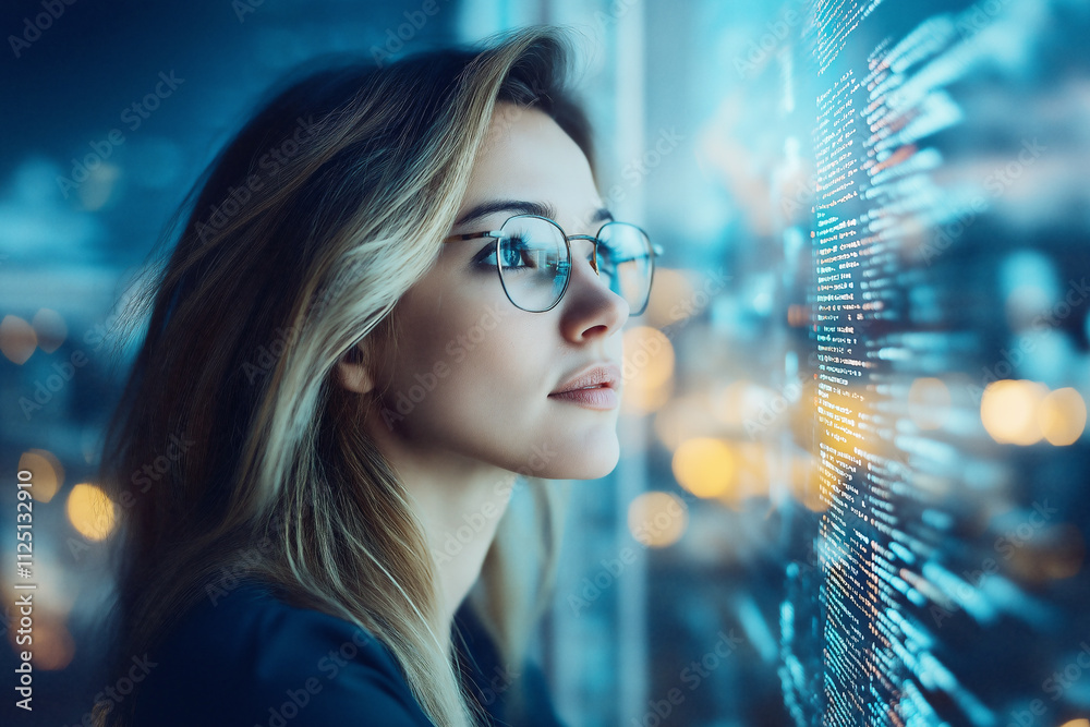 Focused woman analyzing data in a modern office at night. Generative AI Focused woman analyzing data in a modern office at night. Generative AI