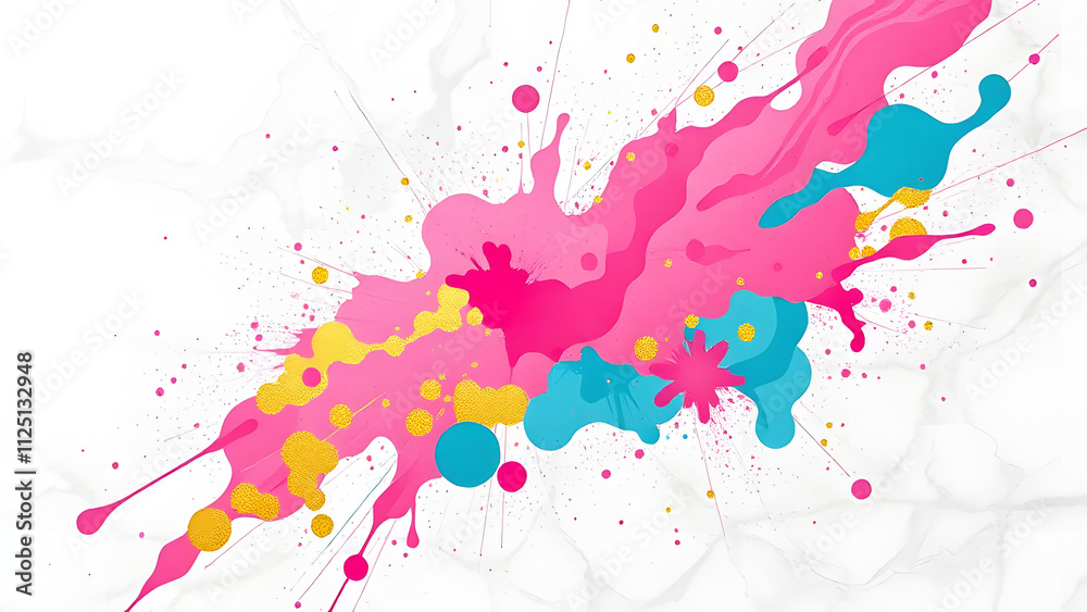 Abstract artwork with splashes of bright pink, gold, and teal over a marble-like background Abstract artwork with splashes of bright pink, gold, and teal over a marble-like background