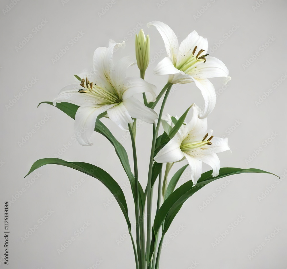 White lily stems with delicate green leaves against a minimalist white background , #flower, #background, #nature White lily stems with delicate green leaves against a minimalist white background , #flower, #background, #nature