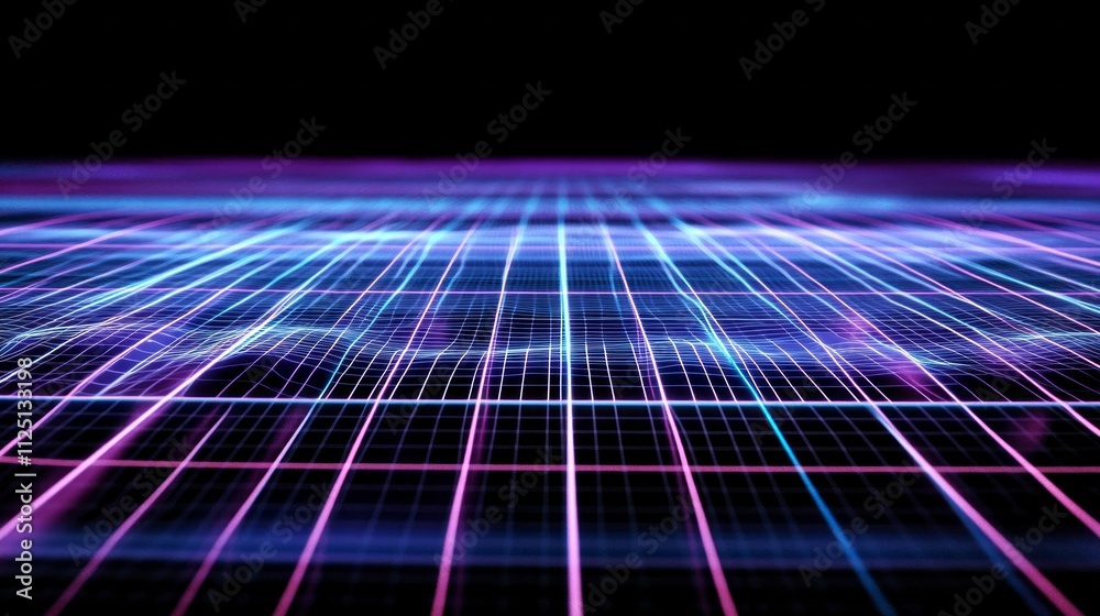 abstract glowing waves in a grid pattern, main colors are blue and purple on black background abstract glowing waves in a grid pattern, main colors are blue and purple on black background