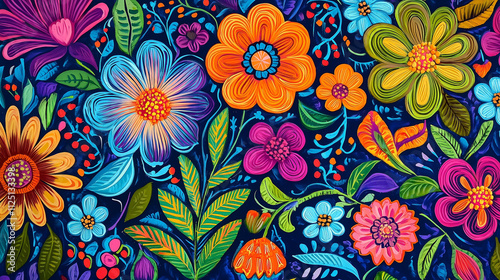 Mexican folk art-inspired piece, vibrant and bold colors, stylized floral patterns with intricate details, inspired by Day of the Dead motifs, festive and lively aesthetic