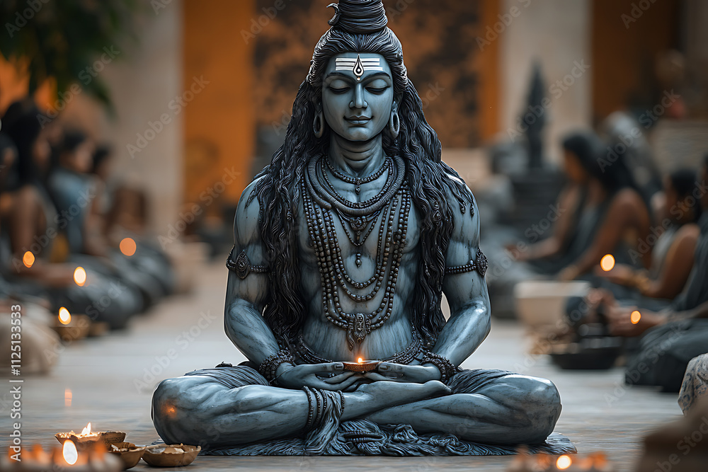 A grand Maha Shivaratri celebration with a giant Shiva statue, devotees offering prayers, lighting lamps, and chanting mantras, set in a sacred temple environment A grand Maha Shivaratri celebration with a giant Shiva statue, devotees offering prayers, lighting lamps, and chanting mantras, set in a sacred temple environment