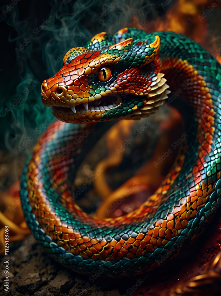 Snake with gold and green hues in front of fire. Snake with gold and green hues in front of fire.
