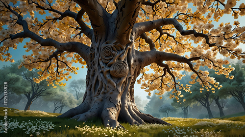 A majestic golden tree, its branches adorned with delicate white flowers, springs to life in a 3D mural wallpaper of unparalleled quality. Each leaf and petal seems to sway in the virtual breeze.