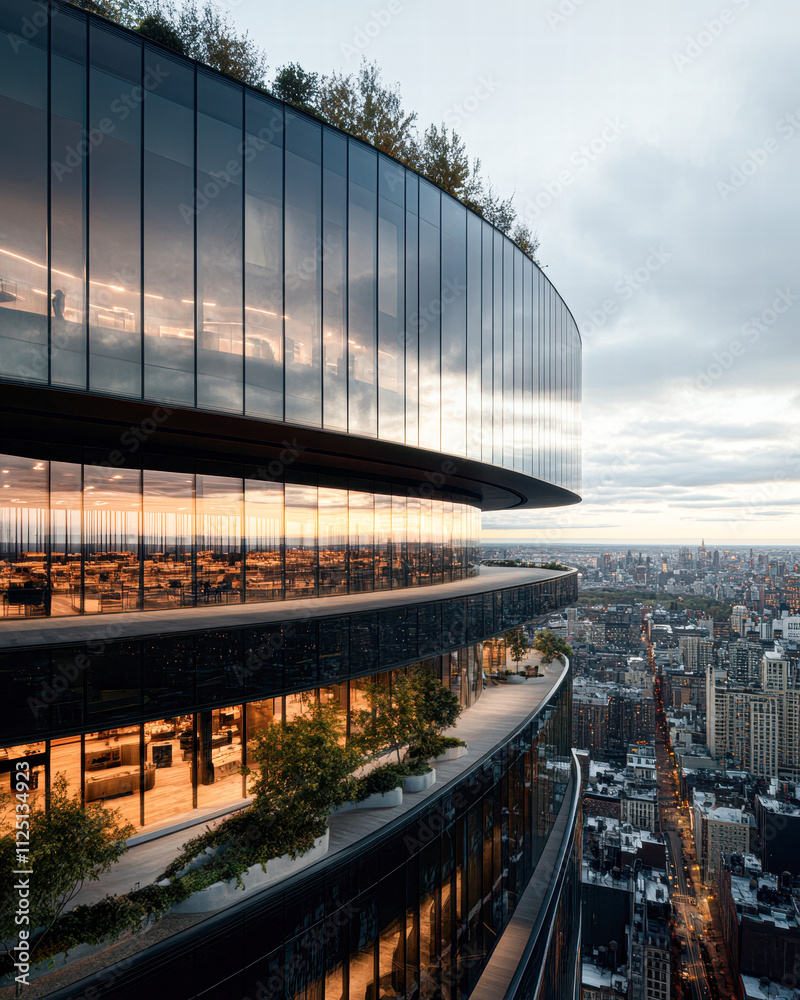 Obraz premium A tall building with a glass facade and a green roof
