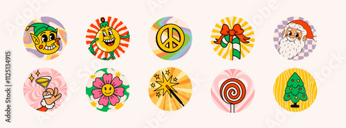 Retro style Christmas round stickers with groovy new year characters and objects. Ideal for Christmas and New Year sticker designs and decorations, vector illustration.