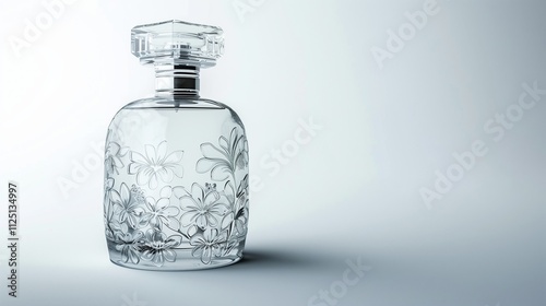 A transparent perfume bottle with a delicate floral pattern etched into the glass, placed on a white background, highlighting its intricate and feminine details.