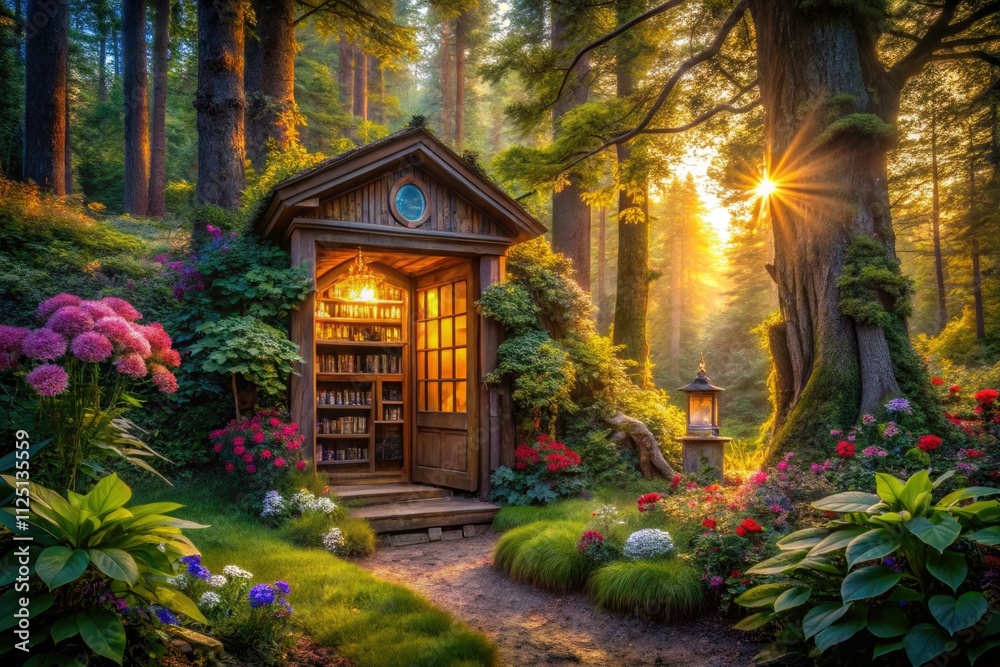 Fototapeta premium Enchanted Forest Library: Twilight Adventure, Hidden Book Cave, Magical Flora, Fantasy Illustration