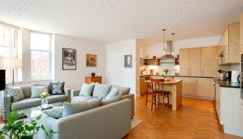 British apartment living room kitchen featuring an open-plan living room and kitchen area, styled in a classic British apartment design