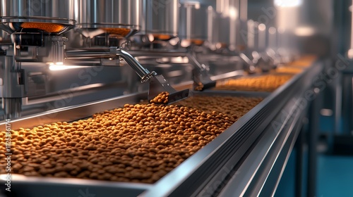 Close-up of a modern manufacturing line filled with golden pet food kibble.