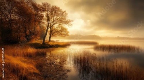 Serene autumn sunrise over calm lake with lone tree and reeds.