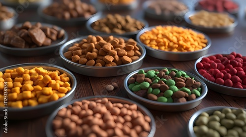 A vibrant display of assorted pet food in metallic bowls, showcasing diverse colors and textures.