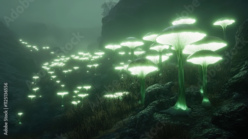 Glowing mushrooms illuminate a misty, rocky landscape at night. photo