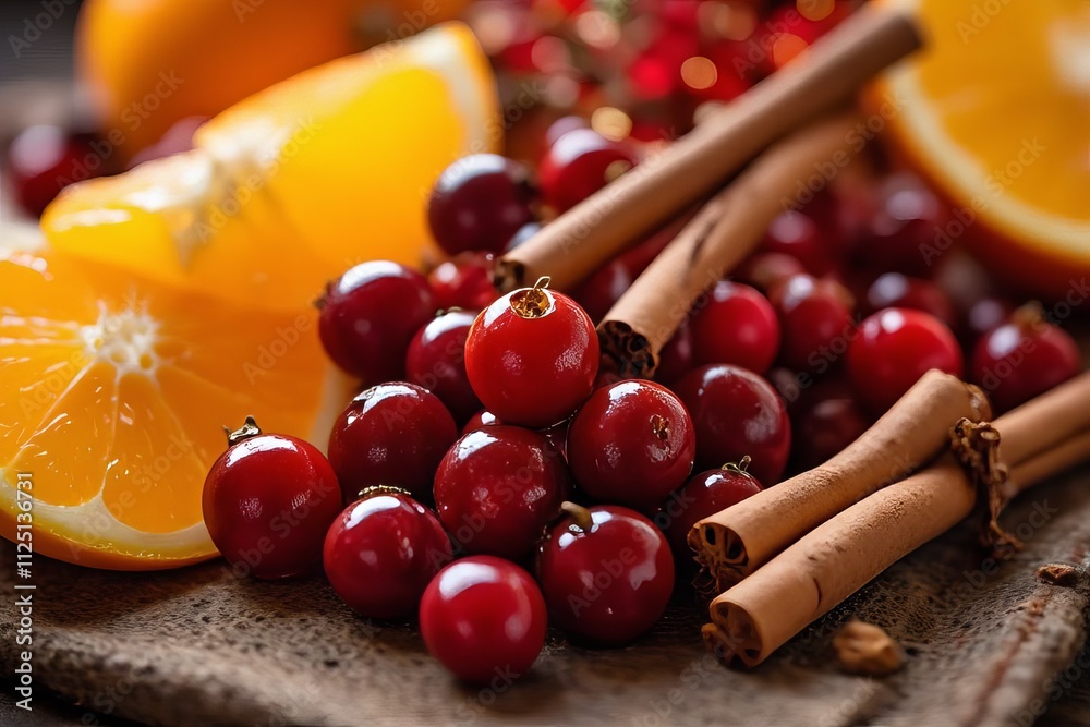 A close-up of fresh red cranberries and a sliced orange with cinnamon sticks, perfect for Christmas baking and decorating. A close-up of fresh red cranberries and a sliced orange with cinnamon sticks, perfect for Christmas baking and decorating.