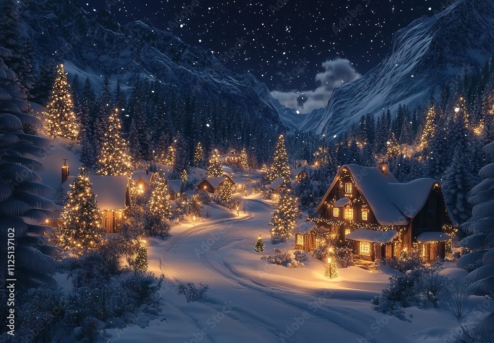A beautiful Christmas night in the mountains, with snow-covered trees and cozy cottages adorned with twinkling lights. A beautiful Christmas night in the mountains, with snow-covered trees and cozy cottages adorned with twinkling lights.