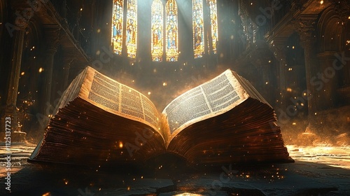 An open ancient book of the Bible with rays emanating from it, placed on an altar in a beautiful church. 