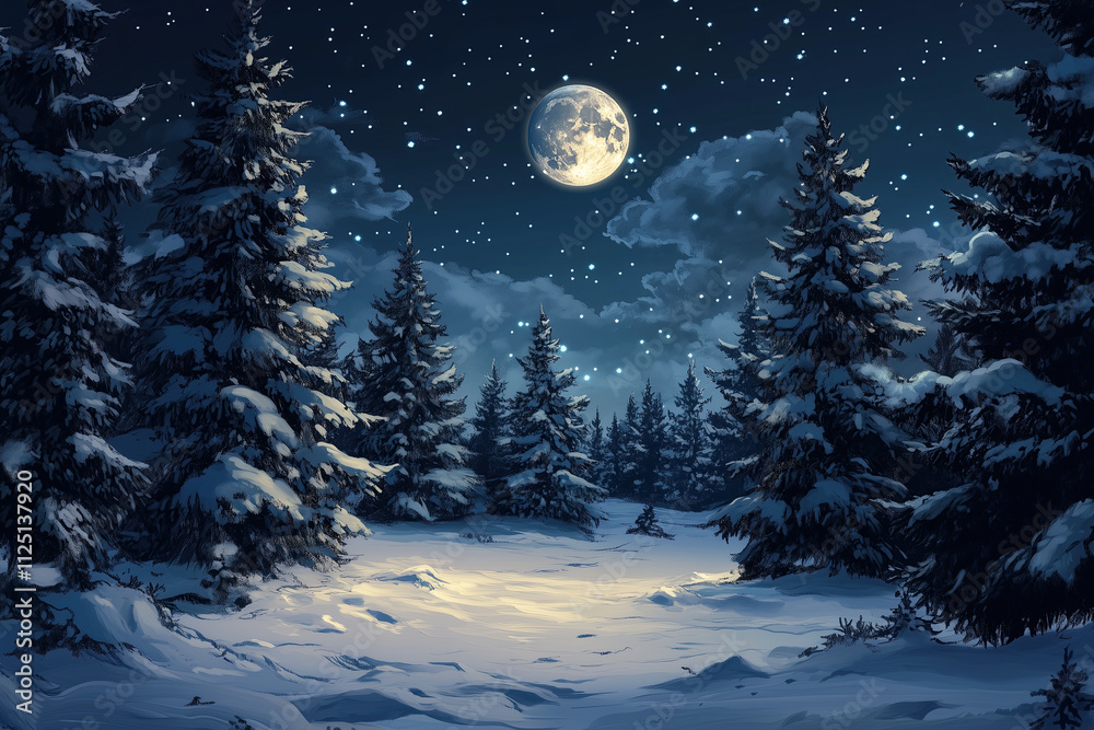 Merry Christmas greeting card: Illustration of a wintery pine forest at night with a full moon and stars. Merry Christmas greeting card: Illustration of a wintery pine forest at night with a full moon and stars.