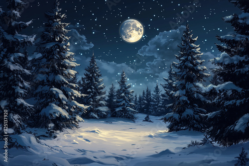 Merry Christmas greeting card: Illustration of a wintery pine forest at night with a full moon and stars.