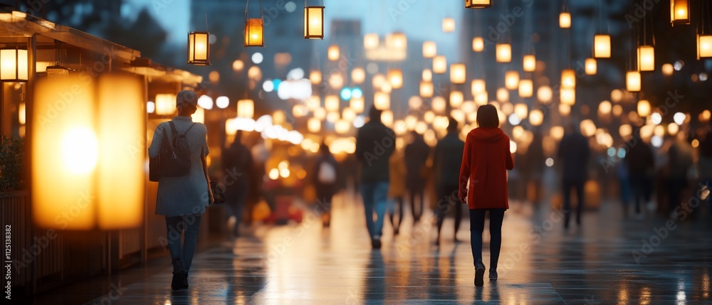 Fototapeta premium Evening scene with people walking amidst glowing lanterns.