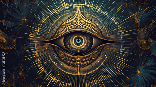 Mystical ancient symbol of divine omnipotence, an all-seeing eye surrounded by ornate circular patterns, radiating. Omniscient. Illustration