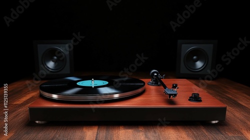 Turntable playing a vinyl record with music in a retro style at a party or nightclub setting photo