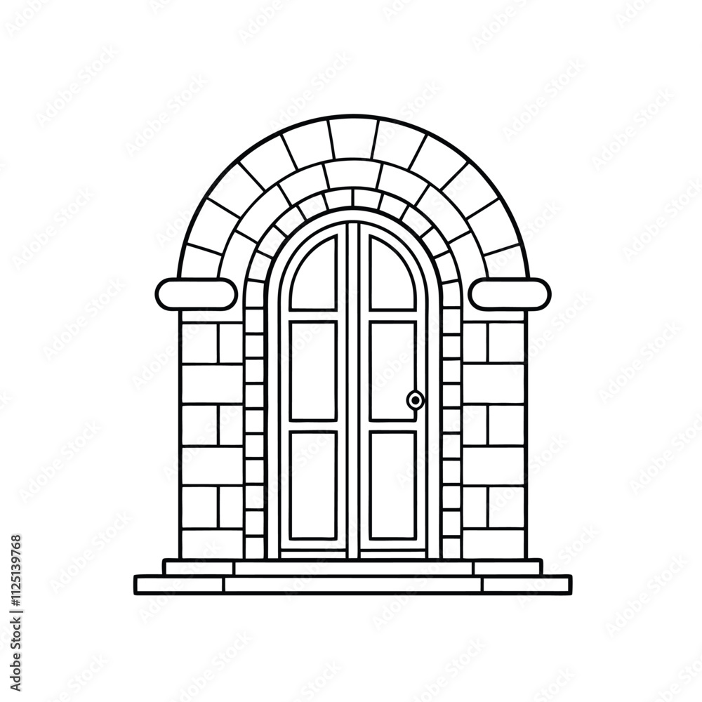 Outline Illustration on Door with Stone Façade. Outline Illustration on Door with Stone Façade.