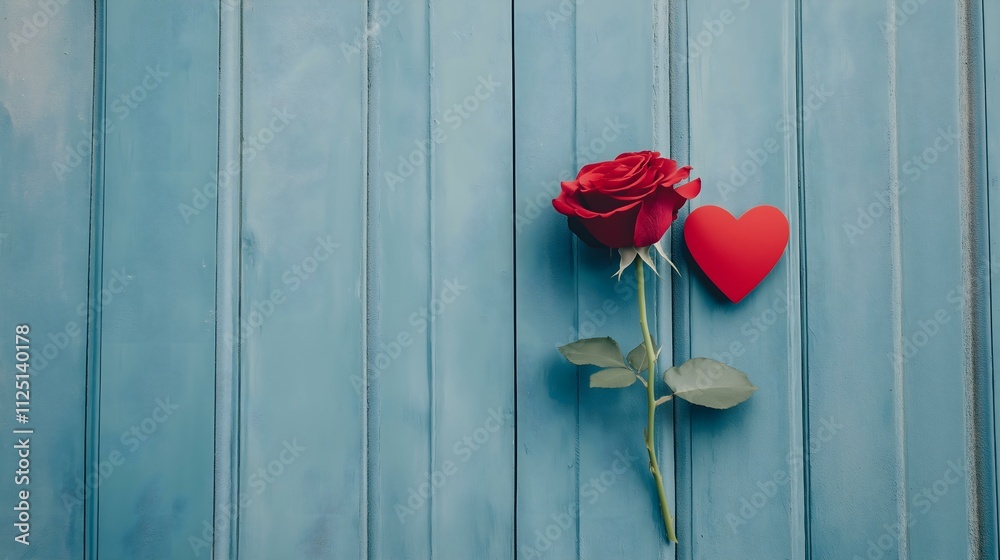 A beautiful single red rose combined with a red heart placed against a textured blue background, symbolizing love and affection, perfect for romantic themes.