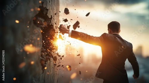 Businessman breaking barriers urban cityscape action scene dynamic environment dramatic viewpoint conceptual empowerment imagery