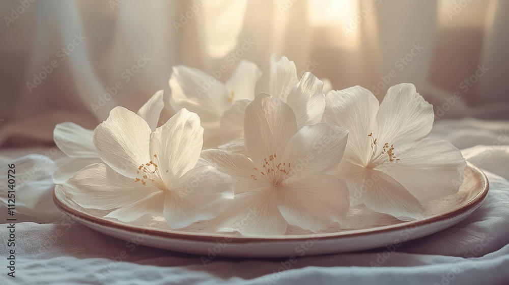 Delicate white silk flowers arranged on a ceramic plate with soft light and a dreamy, minimalistic aesthetic Delicate white silk flowers arranged on a ceramic plate with soft light and a dreamy, minimalistic aesthetic