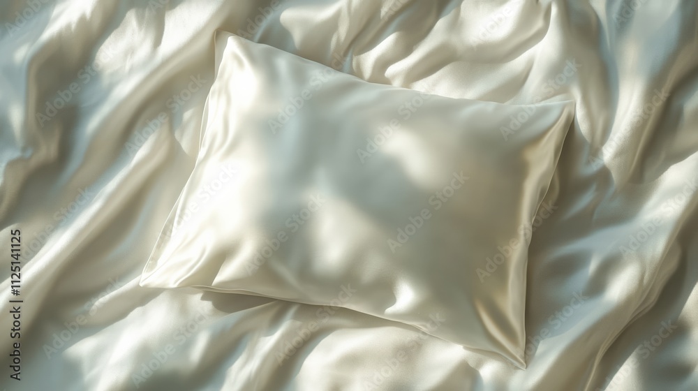 Obraz premium Luxurious white silk pillow on smooth, flowing silk fabric with soft natural light and elegant texture