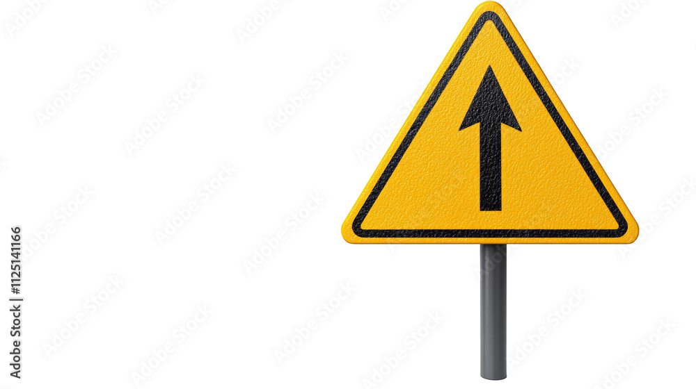Yellow and black caution sign with white arrow, navigational guidance safety Yellow and black caution sign with white arrow, navigational guidance safety