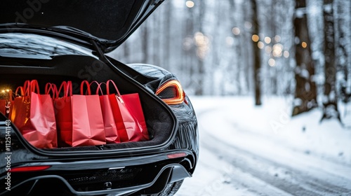 Open trunk of a black sports car loaded with red gift bags in a snowy forest, highlighting festive winter vibes and holiday preparation. photo