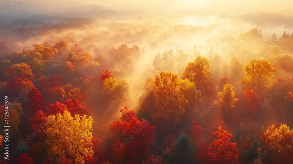 Golden morning light cascades over misty forest of red and yellow autumn leaves Golden morning light cascades over misty forest of red and yellow autumn leaves