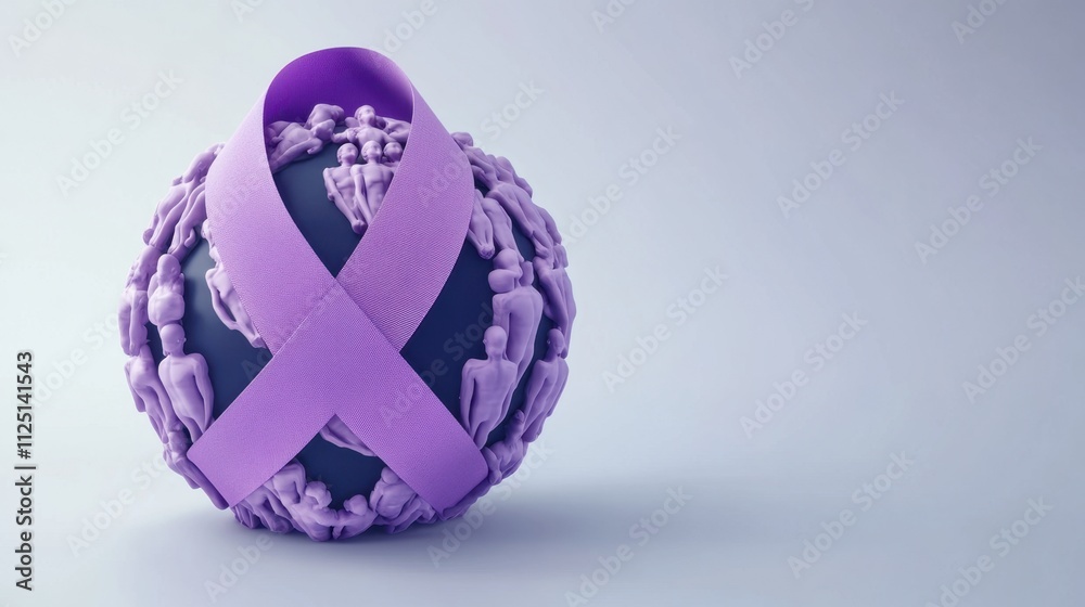 Global Awareness: A 3D Render of a Purple Ribbon Encircling the World, Representing Global Solidarity and Support for a Cause Global Awareness: A 3D Render of a Purple Ribbon Encircling the World, Representing Global Solidarity and Support for a Cause
