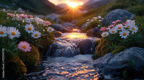 Serene sunset over mountain stream, wildflowers in bloom.