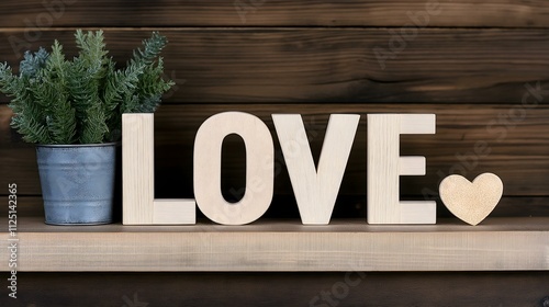 A charming display featuring the word 'LOVE' in wooden letters, set against a rustic wood backdrop. A small potted plant enhances the cozy atmosphere, ideal for home decor themes. photo