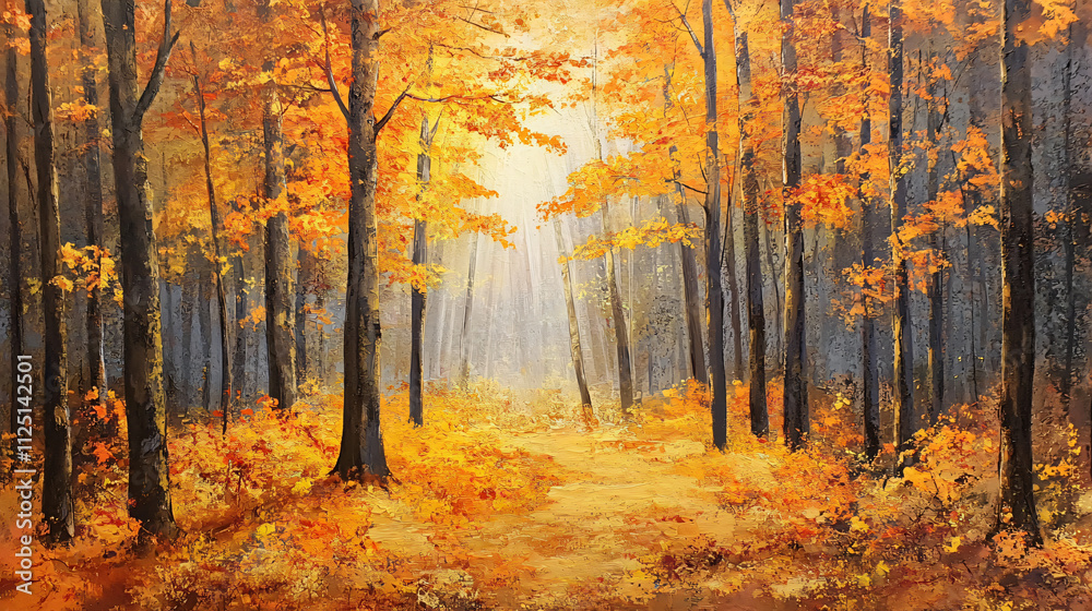 Fototapeta premium Golden morning light filtering through an autumn forest, highlighting orange and yellow leaves