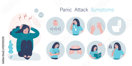 Medical infographics panic attack. Panic disorder concept. Panic attack signs and symptoms. Woman suffering from headache, depression and fear. Anxiety disorder.