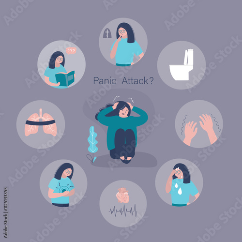 Woman with panic attacks symptoms, treatment and risk factors. Common symptoms of attack and disorder. Medical symptoms of fear anxiety problem recent.