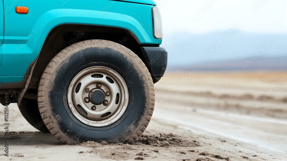 A close-up view of a dirty tire of a teal vehicle stuck in sandy terrain, highlighting the challenges of off-road travel and the beauty of remote landscapes. A close-up view of a dirty tire of a teal vehicle stuck in sandy terrain, highlighting the challenges of off-road travel and the beauty of remote landscapes.